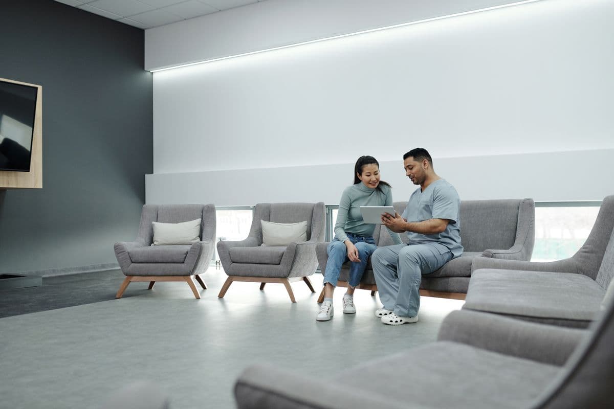 A bright, modern clinic waiting lounge